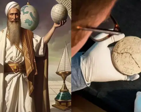 Babylonian scholar holding geometric shapes and a globe next to a close-up of a newly unearthed Babylonian tablet with inscriptions.