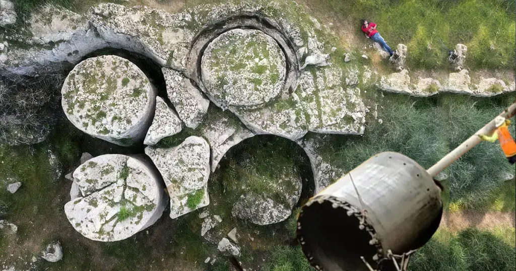 Aerial view of the unfinished ancient columns at Cave di Cusa quarry in Sicily.