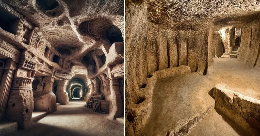 Intricate stone carvings and tunnels of the Derinkuyu underground city in Turkey