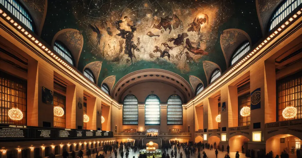 The grand zodiac mural in Grand Central Terminal, illuminated above bustling commuters, hinting at cosmic mysteries and alien influence.