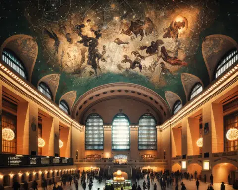 The grand zodiac mural in Grand Central Terminal, illuminated above bustling commuters, hinting at cosmic mysteries and alien influence.