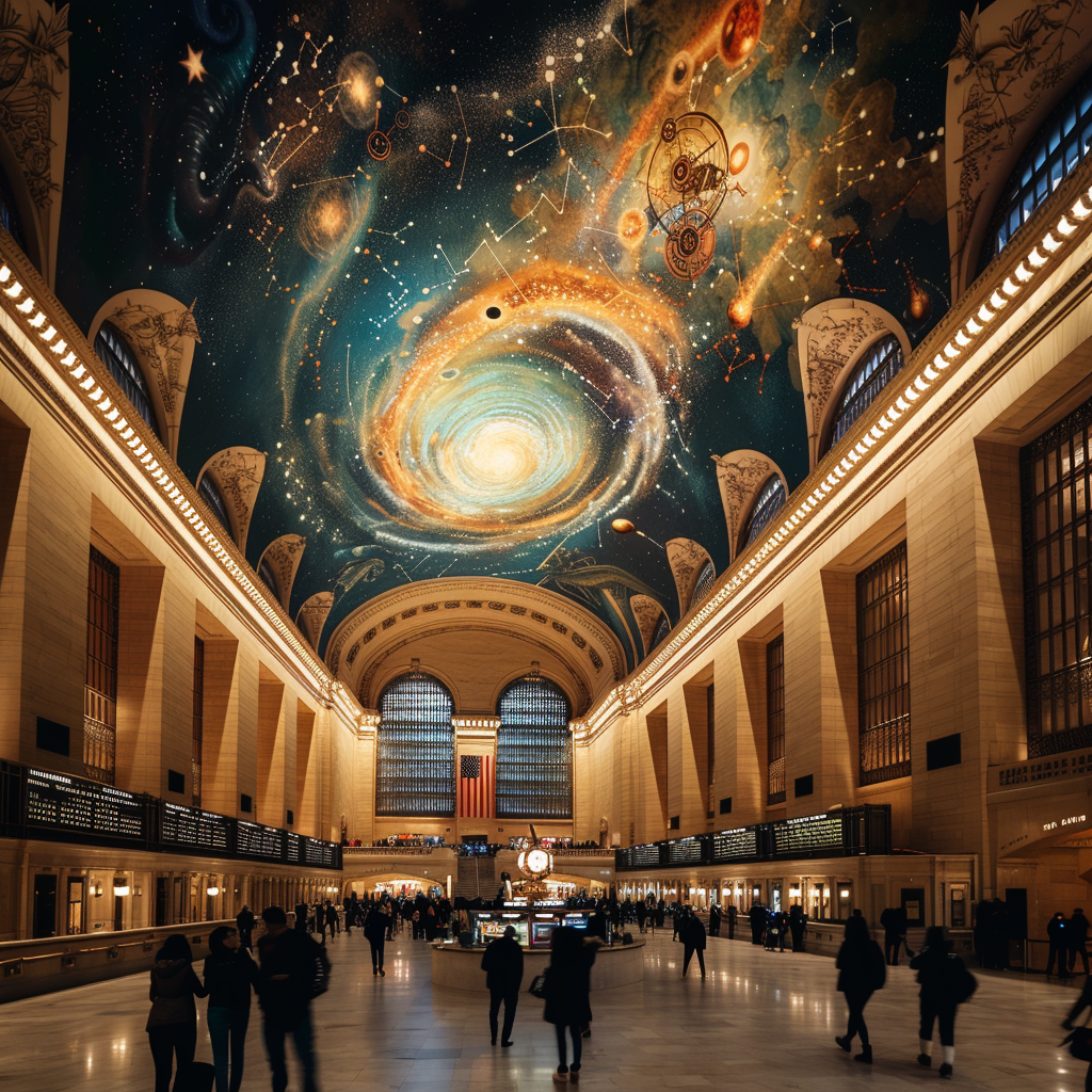 The transition from the Piscean age to the Age of Aquarius depicted in the zodiac mural of Grand Central Terminal, evoking a moment of cosmic reflection.