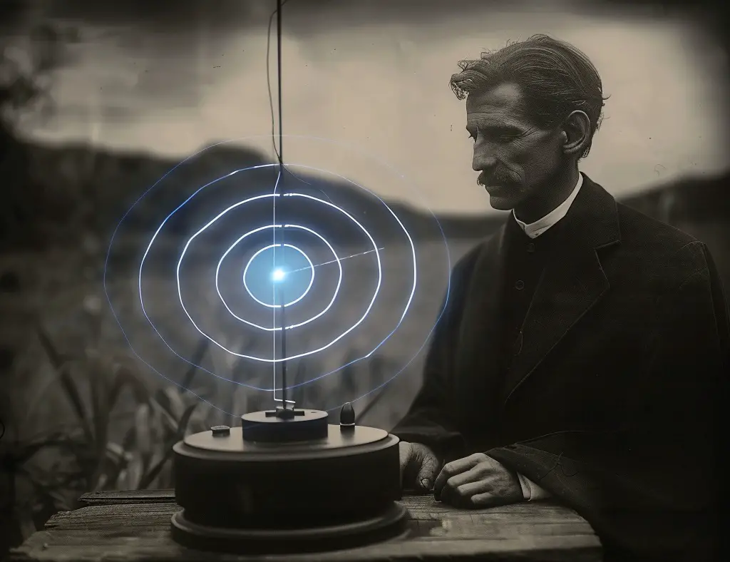 Historic image of Nikola Tesla with a visual representation of receiving a signal, symbolizing interstellar communication.