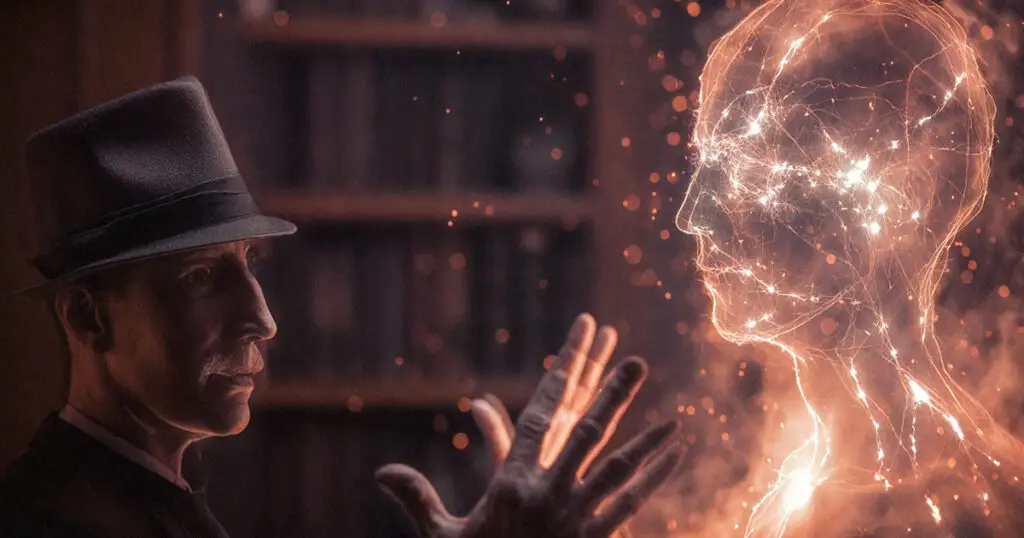 Nikola Tesla-inspired figure engaging with a luminous, ethereal brain, symbolizing interstellar communication.